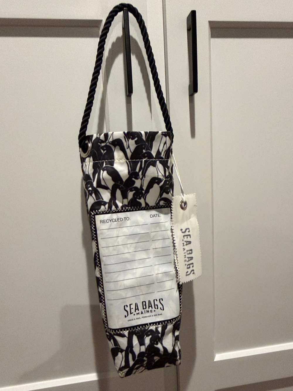 Sea Bass Maine Recycled Sail Black & White Printed Rope-Handle Bottle Tote